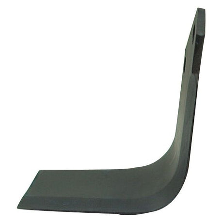 The Rotavator Blade Square LH by Sparex features a black, curved metal blade with a flat bottom, measuring 190mm in height, and has a vertical mounting section with two holes for compatibility with Krone systems. The hole centers are 57mm apart and have a diameter of 14.5mm. This blade serves as a replacement for Krone part number 036395 (Sparex Part No. S.77251).