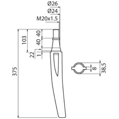 Technical drawing of a cylindrical object with exact measurements: length 372mm, diameters 24mm and 26mm, and various depths and widths marked. Contains threaded section M20 x 1.50. This precision piece, labeled as the Power Harrow Tine Replacement for Krone (Sparex Part No. S.77252), ensures compatibility in various applications and is available from Sparex.