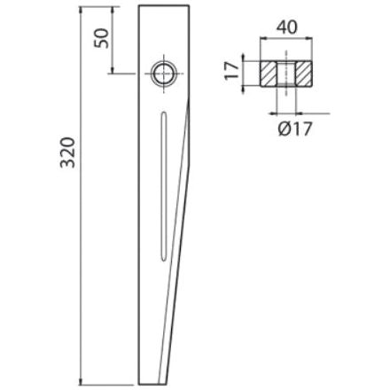 Technical drawing of a tapered metal component, commonly referred to as a Power Harrow Tine 320mm, typically used in Kuhn HR240 machinery. The part features a hole at the top for attachment. Dimensions are 320mm in length, a top width of 50mm, and a 17mm diameter hole positioned 40mm from the top. This component is listed under Sparex Part No.S.77255 and serves as a replacement for Kuhn's part number 52503700.