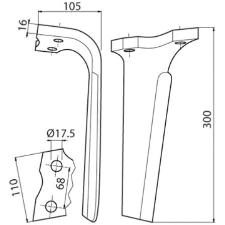 Technical drawing of a Power Harrow Blade 110x16x300mm RH, with dimensions: height 300mm, and depth 105mm. Additional measurements include hole centers at 68mm and hole diameter of 17.5mm, suitable as a replacement for Kuhn equipment (52539400 | Sparex Part No.S.77257).