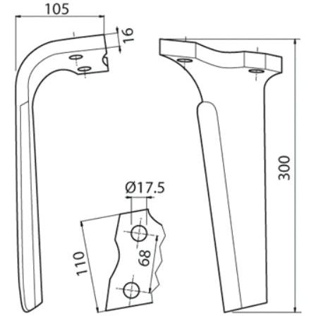 Technical drawing showing three views of a bracket for a Power Harrow Blade 110x16x300mm LH with dimensions labeled: 105mm width, 16mm thickness, 300mm height, and 110mm base with 17.5mm diameter holes spaced 68mm apart. This Sparex replacement for Kuhn (52539500 | Sparex Part No.S.77258) ensures precise fit and efficiency in your equipment.