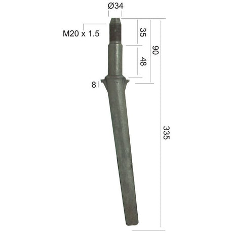 Image of a Power Harrow Tine 335mm, forged metal component for Universal Tractors, showing dimensions. Total length: 335 mm, diameter at narrow end: 8 mm, shaft diameter: 34 mm. Thread specification: M20 x 1.5, thread length: 35 mm. Other notations include: 90 mm and 48 mm. Replacement for Lely to fit as part number: 11606021 | Sparex Part No.S.77264. Brand Name: Sparex