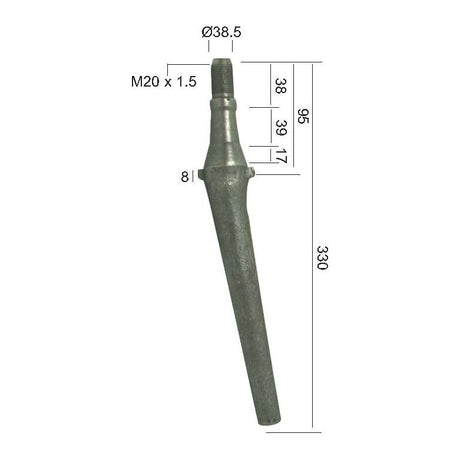 The Power Harrow Tine, branded by Sparex and designated as part number S.77265, is a replacement component for Lely, measuring 330 mm in length. It features a threaded top section with a diameter of Ø38.5 and an M20 x 1.5 thread at the narrow end, serving as a Primary OE Reference for Universal Tractors applications with part number 1169902200.