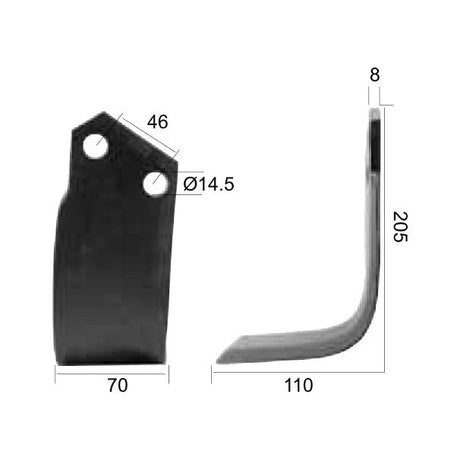 The Rotavator Blade Square LH by Sparex is a black metal bracket featuring two holes. It has a thickness of 8 mm, height of 205 mm, and width of 70 mm. The hole centers are spaced 46 mm apart, with each hole having a diameter of 14.5 mm. Designed as a replacement part for Breviglieri and Maletti tractors, this blade fits model number 30412 (Sparex Part No.S.77269).