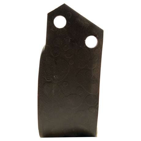 A black, square-shaped Rotavator Blade from Sparex with two circular 14.5mm diameter holes near the top, spaced 46mm apart. The surface has a subtle, textured pattern and measures 205mm in height, ideal for Universal Tractors.