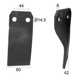 Rotavator Blade Twisted RH 80x8mm Height: mm. Hole centres: 44mm. Hole⌀: 14.5mm. Replacement for Maschio
 - S.77270 - Farming Parts