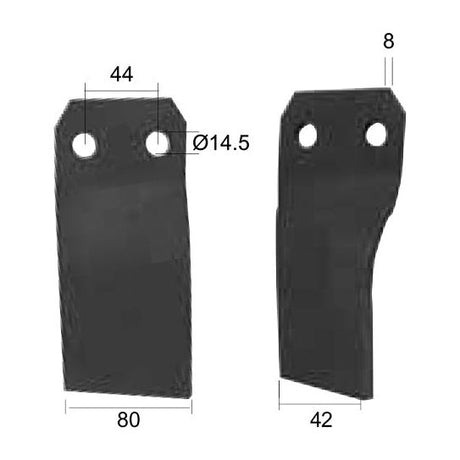 Rotavator Blade Twisted LH 80x8mm Height: mm. Hole centres: 44mm. Hole⌀: 14.5mm. Replacement for Maschio
 - S.77271 - Farming Parts