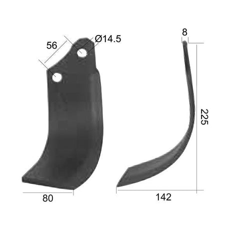 Rotavator Blade Curved LH 80x8mm Height: 225mm. Hole centres: 56mm. Hole⌀: 14.5mm. Replacement for Maschio
 - S.77275 - Farming Parts