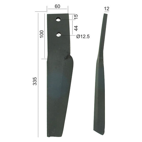 The Power Harrow Blade 60x12x335mm RH from Sparex has two metal blades labeled with dimensions. In the front view, it measures 335mm in length and 60mm in width with two holes of 12.5mm diameter spaced 44mm apart. The side view shows a thickness of 12mm. It is an ideal replacement for Maschio parts, fitting as part number 10100262 (Sparex Part No.S.77276).