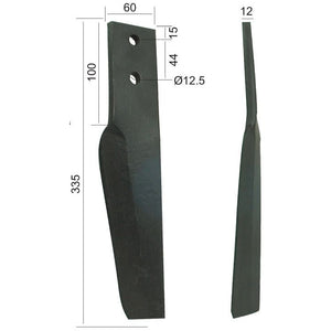 Power Harrow Blade 60x12x335mm LH. Hole centres: 44mm. Hole⌀ 12.5mm. Replacement forMaschio.
 - S.77277 - Farming Parts