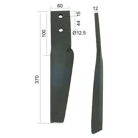 Power Harrow Blade 60x12x370mm RH. Hole centres: 44mm. Hole⌀ 12.5mm. Replacement forMaschio.
 - S.77278 - Farming Parts