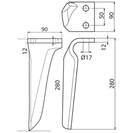 The technical drawing of a metal component shows front, side, and top views. Dimensions are marked, including a 280mm length, 90mm width, and a 17mm diameter for the hole. This Power Harrow Blade 90x12x280mm RH from Sparex features precise engineering and serves as a replacement for both Kverneland and Maschio models. It fits as: 27100209 | Sparex Part No.S.77284 with hole centers at 50mm.