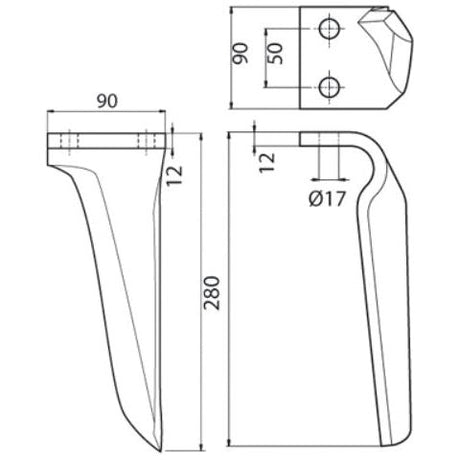 The technical drawing of the Sparex Power Harrow Blade 90x12x280mm LH, a replacement for Kverneland and Maschio models, features detailed dimensions. The blade is depicted from three perspectives: front, side, and top. Key measurements include a height of 280 mm, a width of 90 mm, and a thickness of 12 mm. Additionally, it has hole centers at 50 mm with a hole diameter of 17 mm. This product corresponds to the model number 27100210 and is listed under Sparex Part No.S.77285.