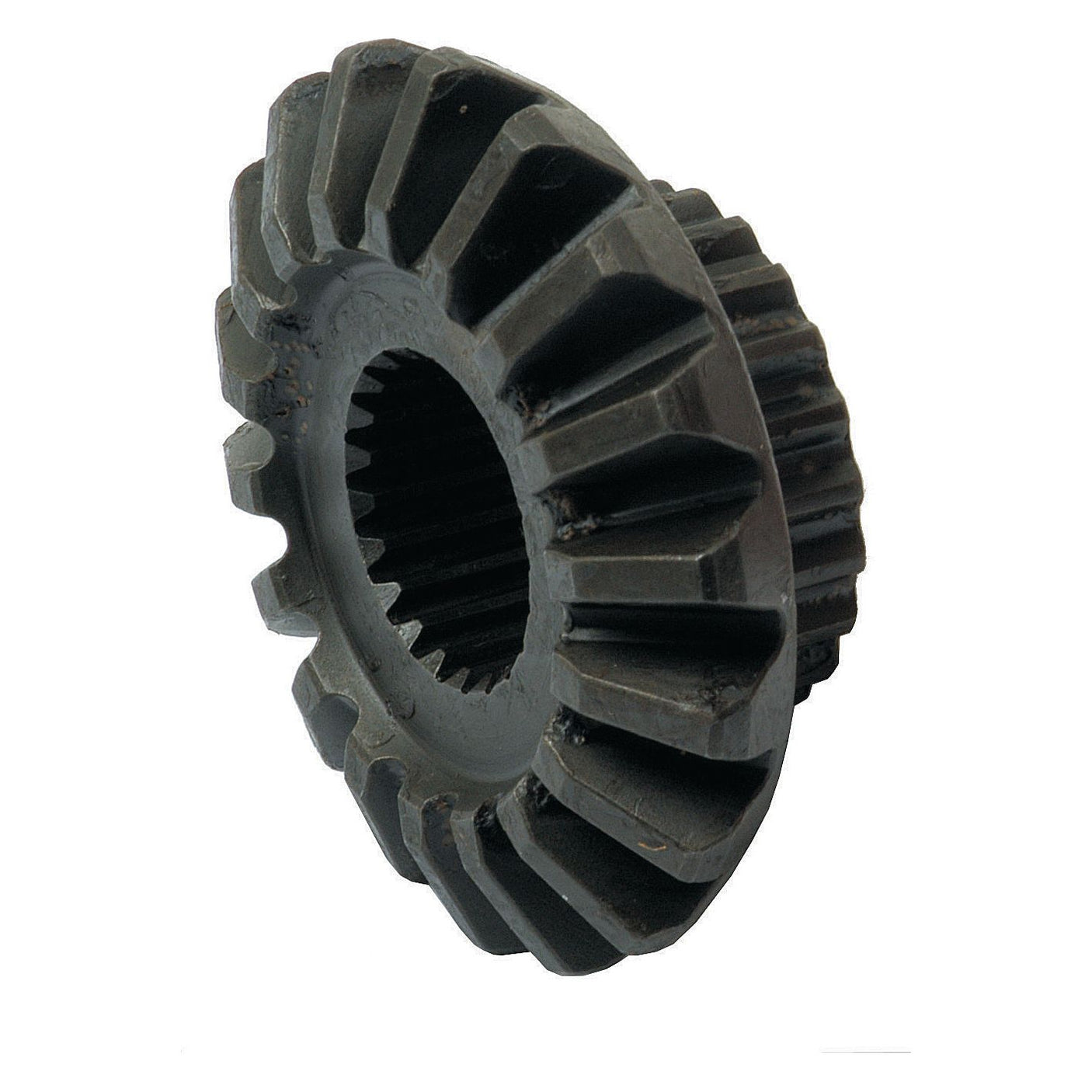 Image of a single black bevel gear with angled teeth, used for transferring motion between intersecting axes, commonly found in Ford New Holland machinery. This is the Pinion Gear Kit from Sparex (Part No. S.7728).