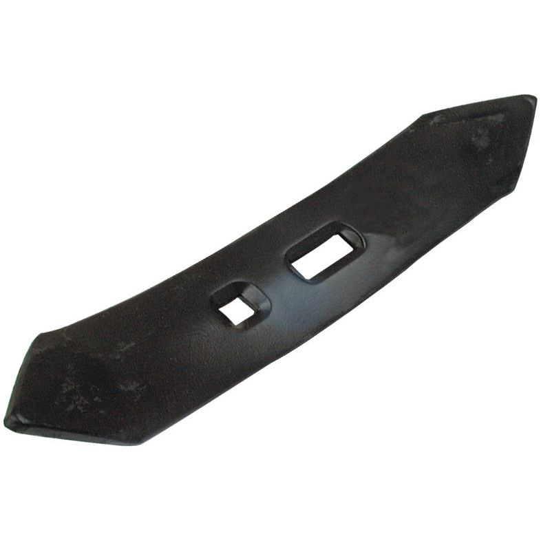 A black, rectangular metal blade with two cut-out slots near the center, often used for Universal Tractors or Massey Ferguson lawn mowers, such as the Reversible Point 255x50x8mm with hole centers 40/54mm, Sparex Part No. S.77292 (646733M2).