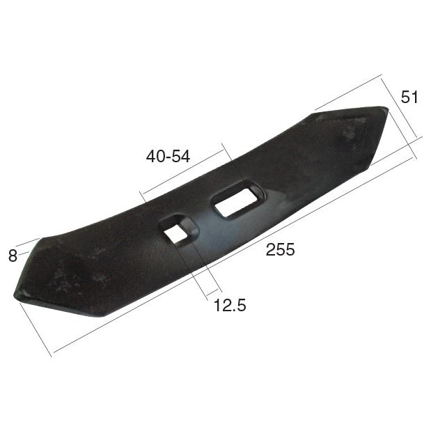 A black plastic reversible point from Sparex, featuring two rectangular cutouts and measuring 255 mm in length, 8 mm in thickness, and 50 mm in width. The hole centers are spaced at 40 and 54 mm. Compatible with Universal Tractors and Massey Ferguson models for heavy-duty fasteners. This part fits as: 646733M2 | Sparex Part No.S.77292.