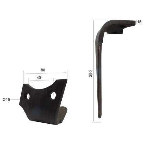 A Sparex Power Harrow Blade LH featuring dimensions of 80mm in width, 290mm in height, and a thickness of 15mm. The blade includes centrally spaced holes with diameters of 15mm and hole centers at 40mm. It serves as a replacement for Rabewerk under part number S.77307 and fits model 84091202.