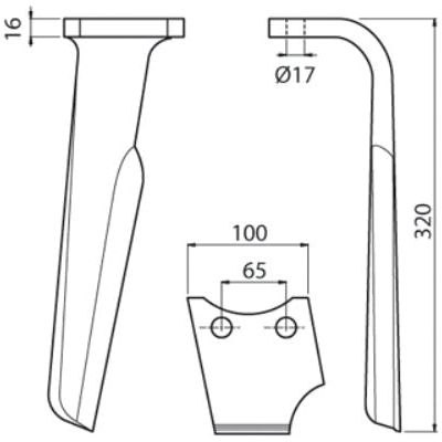 Power Harrow Blade 100x16x320mm RH. Hole centres: 66mm. Hole⌀ 17.5mm. Replacement forPerugini (Concept-Ransome), Rabewerk.
 - S.77308 - Farming Parts