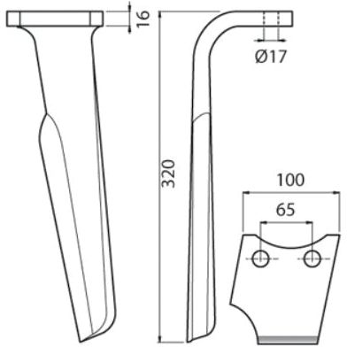 Technical drawing of a Sparex Power Harrow Blade 100x16x320mm LH. The part is 320mm tall, has a hole diameter of 17.5mm at the top, with a base width of 100mm and depth of 65mm. Hole centers are positioned at 66mm apart. This blade is a replacement for Perugini (Concept-Ransome) and Rabewerk models, fitting as part number 8404-5002 (Sparex Part No.S.77309).