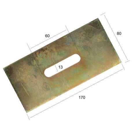 Scraper Plate from Sparex, measuring 170mm x 80mm x 4mm with a central elongated slot size of 13x60mm (Sparex Part No.S.77310).