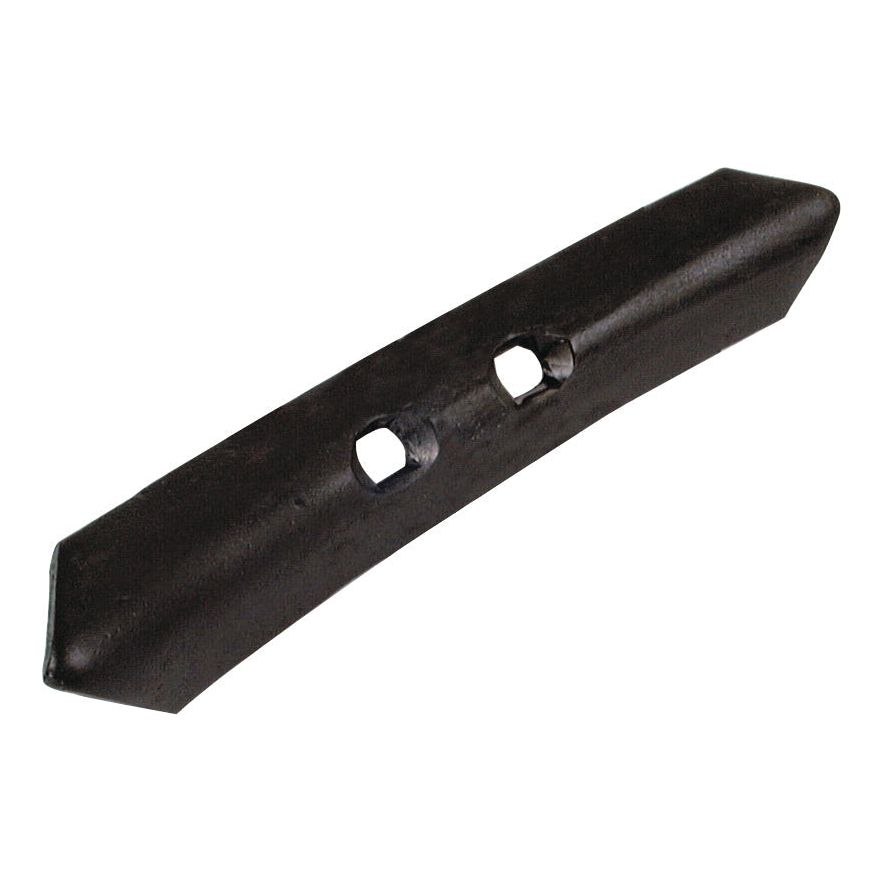 A black, elongated metal object with two rectangular holes in the center, commonly used in Universal Tractors. 

Using the given product data:
The Sparex Reversible Point S.77318 (222x40x8mm with 40mm hole centers) is commonly used in Universal Tractors.