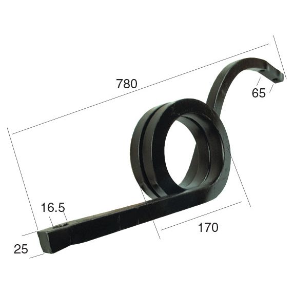 A black metal torsion spring with several coils is shown. The dimensions are labeled: 780 mm length, 170 mm coil length, 65 mm height, 16.5 mm diameter, and 25 mm width. Ideal for replacing parts in Simba machinery or as a Top Tilth Tine replacement (4154) by Sparex (Part No.S.77320).