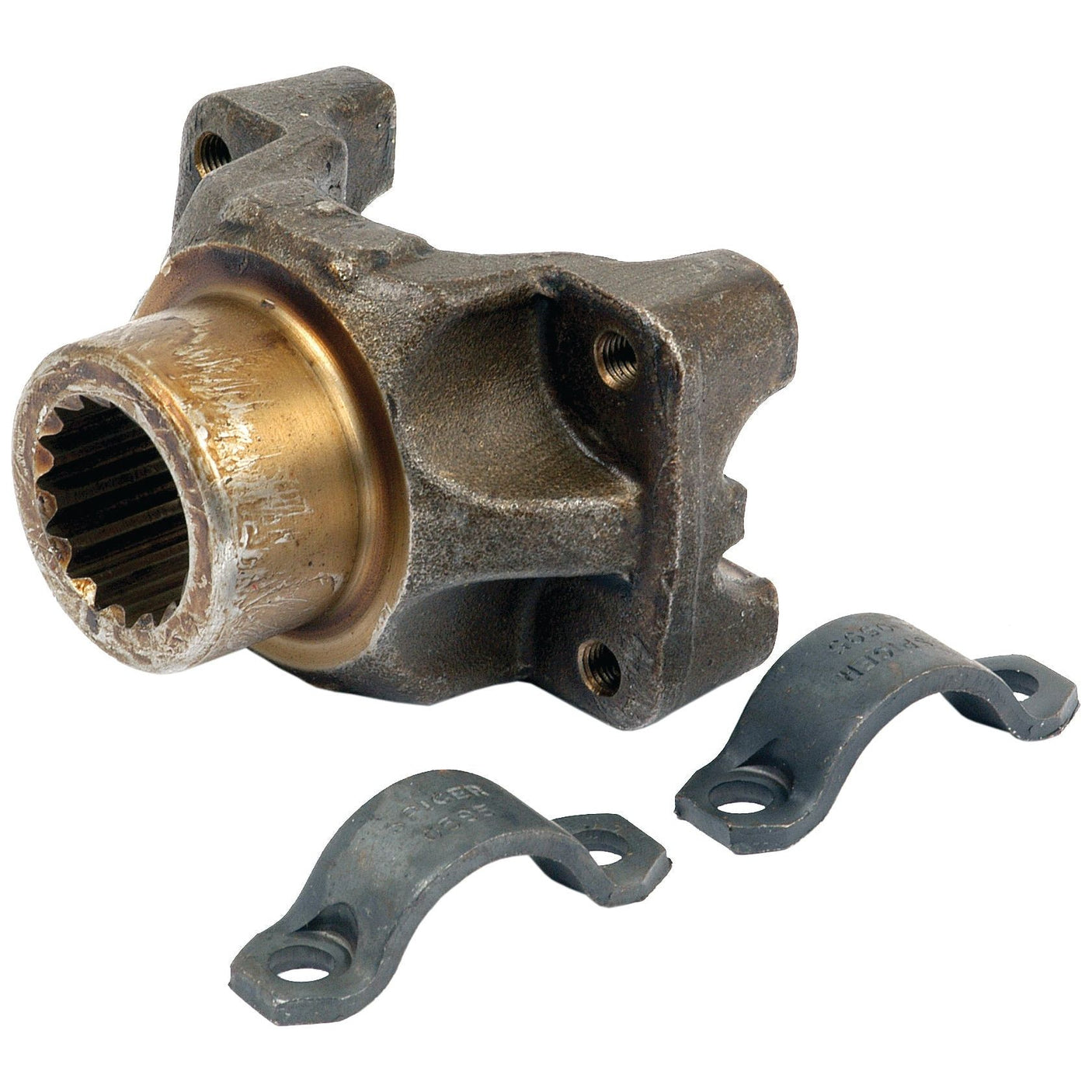 A Sparex Yoke Shaft (Part No. S.7739) with two companion flange bearing caps placed below it, compatible with Case IH and Ford New Holland models.