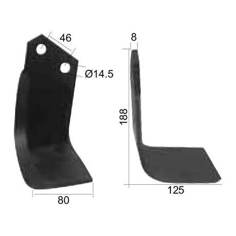 The product is called Rotavator Blade Square RH 80x8mm by Sparex. It has a height of 188mm, hole centers at 46mm, and a hole diameter of 14.5mm. This black L-shaped metal part features a bottom length of 125mm and side length of 80mm, with an overall thickness of 8mm. It is designed for Square Type fit and serves as a replacement for Kverneland and Maletti fasteners under Sparex Part No.S.77562.