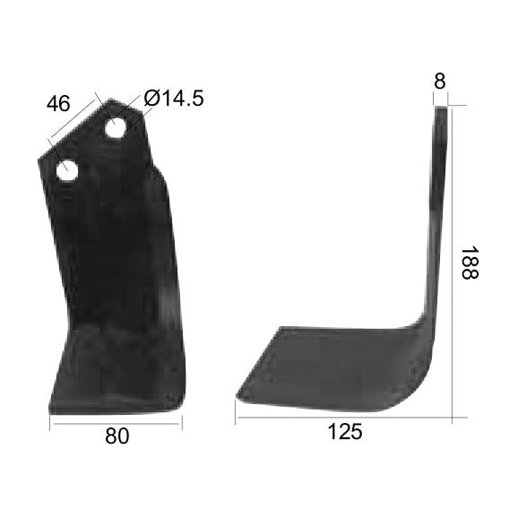 Two Rotavator Blade Square LH brackets from Sparex, black in color and L-shaped, with precise measurements: 46mm hole centers, 80x8mm dimensions, 188mm height, and Ø14.5mm holes. Designed for compatibility with Kverneland B systems for precise fitting.