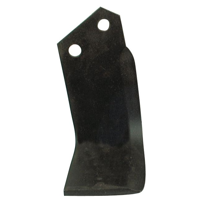 A metal tiller blade with two attachment holes, angled and slightly beveled at the edge, compatible with Kverneland and Maletti models, specifically the Sparex Rotavator Blade Square LH 80x8mm (S.77563) with a height of 188mm, hole centers spaced at 46mm apart, and a hole diameter of 14.5mm.