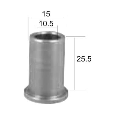 A cylindrical metal component, designated as Sparex part S.77575, identified specifically for replacement as Bomford part 0280101, with exact dimensions: 15 mm outer diameter, 10.5 mm inner diameter, and 25.5 mm height.