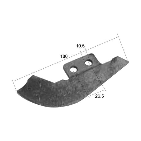 A Suffolk Coulter Tip replacement for Massey Ferguson, also known as Sparex Part No.S.77577 (to fit as 877576M1), with measurements of 180 mm in length, 10.5 mm in width, and 26.5 mm in height. This metal component includes two holes for mounting and is a product of the brand Sparex.
