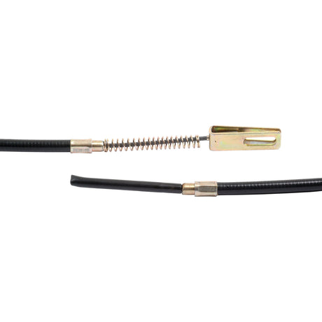 The image showcases a black brake cable featuring a spring mechanism and a metal connector in the center. This cable, similar to those utilized in David Brown machinery, is segmented with one end slightly detached. The product is named Brake Cable - Length: 1380mm, Outer cable length: 1129mm and can be identified by Sparex Part No. S.7757 from the brand Sparex.