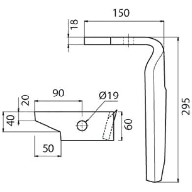 Technical drawing showing the side view of a Power Harrow Blade with dimensions. Measurements are labeled 150, 295, 90, 60, 50, 40 mm and Ø19 mm. This could be an Amazone replacement part or sourced from Sparex for agricultural machinery. Official product name: Power Harrow Blade 60x18x295mm LH; hole centers: Hole Ø19mm; to fit as: Amazone part number 954427S; Sparex Part No. S.77584.