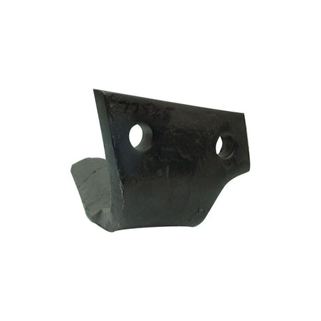 A black metal Power Harrow Blade (110x18x320mm) from Sparex, featuring two 17mm circular holes with 70mm hole centers and a curved edge, compatible with Primary OE Reference fasteners. This component is designed as a replacement for Falc (KRM) machinery, fitting part number 543028 (Sparex Part No. S.77585).