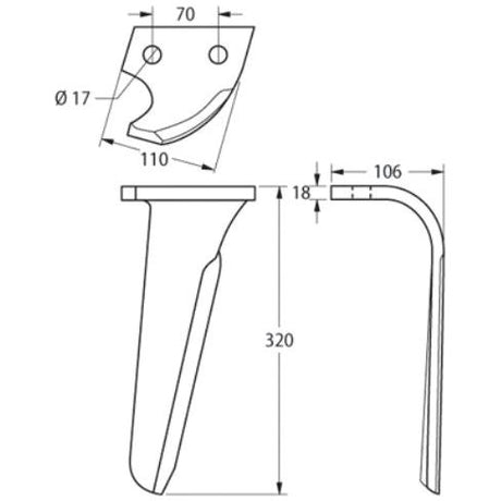 Diagram of a three-view technical drawing showing dimensions of a Power Harrow Blade with mounting holes. Top view: 110x70mm with Ø17mm holes; side view: 320mm tall with an angled cut; front view: 18mm wide. Primary OE Reference includes fasteners specified by Sparex, Replacement for Falc (KRM), to fit as: 543028 | Sparex Part No.S.77585.