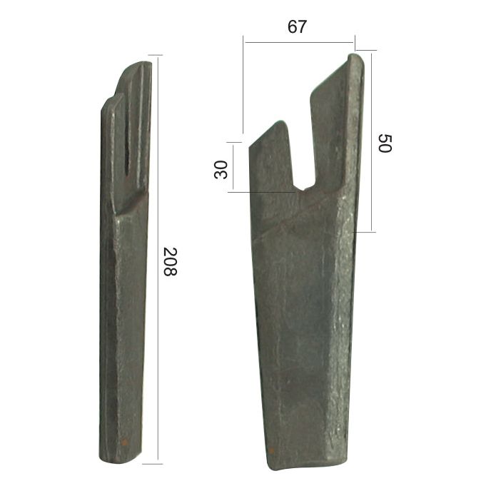 Two Sparex Weld on Repair Tips, each with specified measurements: height 208mm, width 30mm and 67mm, and depth 50mm. One piece features a slot cut out near the top, designed specifically for use with Universal Tractors. This is the RH Replacement for Lely, with Sparex Part No. S.77613.