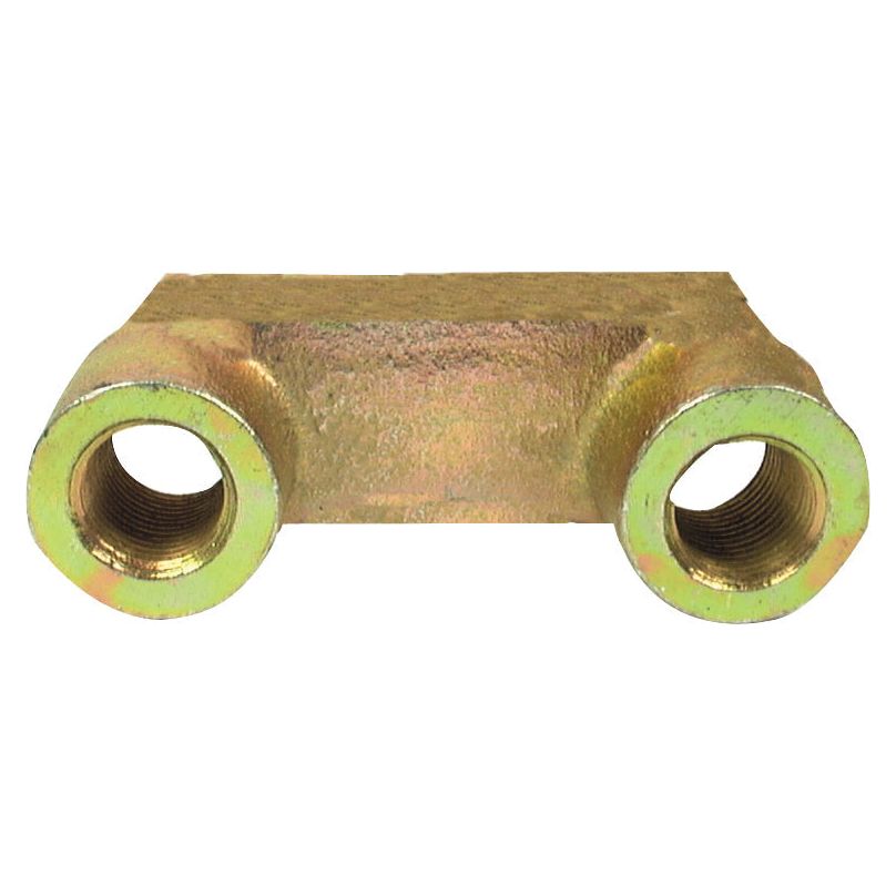 The Securing Plate M16, with hole centers of 65mm, is a durable metal fitting designed for hydraulic systems. Featuring a rectangular body and cylindrical openings on either end, this component is compatible with M16 thread size. You can find it under Sparex Part No. S.77645 at authorized Sparex dealers like Kuhn.