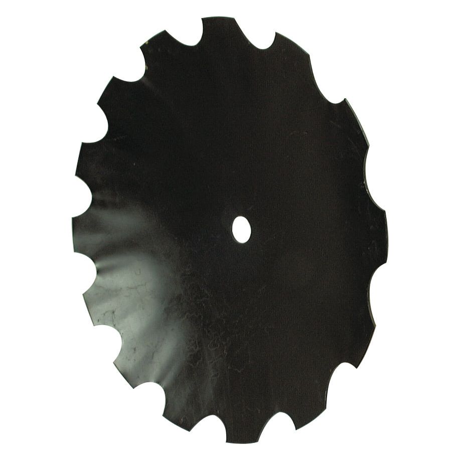 A black metal blade with scalloped beveled edges and a central hole, available from Sparex as the Scalloped Harrow Disc 510x3.5mm - Hole 1'' or 1 1/8'' Square Shafts (Sparex Part No. S.77690), resembling a circular saw or disc blade.