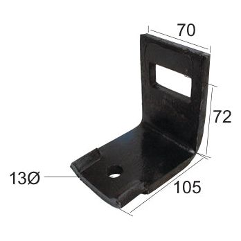 The Sparex S Tine Clamp without helper (Sparex Part No. S.77763) features a robust black metal bracket with a 90-degree bend, designed with both rectangular and circular holes labeled in millimeters: 70, 72, 105, and 13Ø. Ideal for Universal Tractors, the clamp section measures 45x12 mm and is suitable for use with a 60x60 setup.