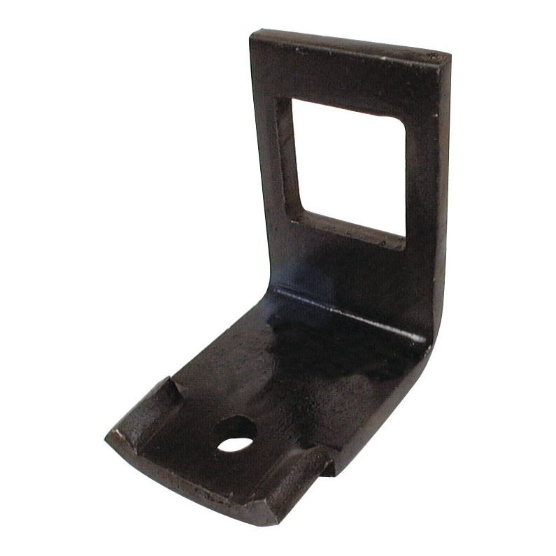 The Sparex S Tine Clamp with Helper 45x12mm, suitable for 60x60mm tractors (Sparex Part No. S.77764), is a metal bracket with a rectangular cutout at the top and a circular hole at the base, perfect for universal tractors. The L-shaped bracket features a durable black finish.