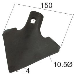 The Sweep 150x4mm from Sparex, branded as Sparex Part No.S.77768, is a flat, dark-colored triangular tool head designed for universal tractors. It features a Ø 10.5mm hole near the top and has dimensions of 150mm in width and 4mm in thickness.