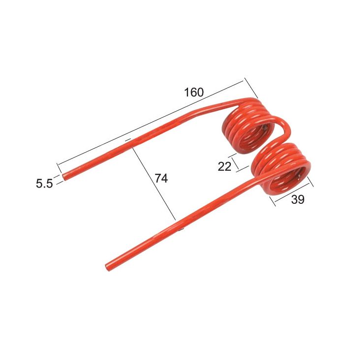 Red metal spring replacement pick-up tine from Sparex, featuring two coils and dimensions of 160 mm total length, 74 mm width, a Ø5.5mm rod diameter, designed to replace Krone part number 9380403 in round balers (Sparex Part No.S.77772).