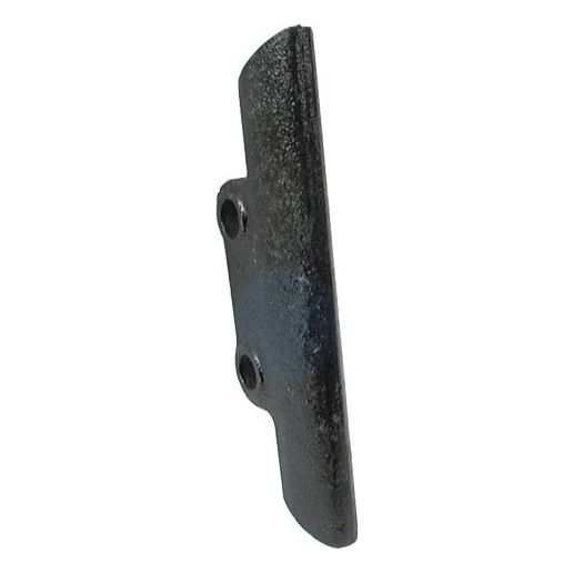 A black metal blade attachment with two mounting holes and a slightly curved edge, viewed from an angled perspective, ideal as a shin replacement for Sparex PO1634 models (Simba Part No.S.77778).