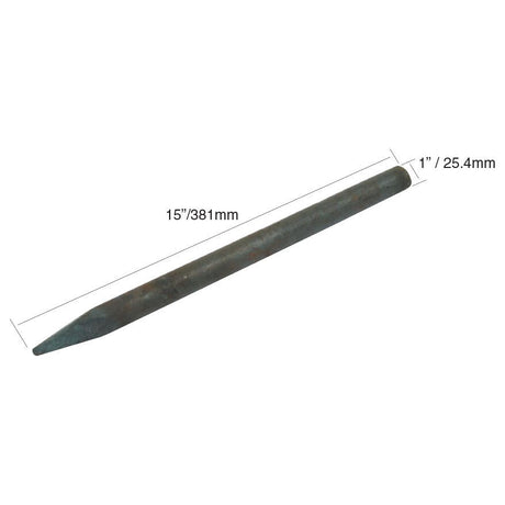 Image of a cylindrical metal rod measuring 15 inches (381mm) in length and 1 inch (25.4mm) in diameter, with one end pointed, commonly used as a Sparex Dutch Harrow Tooth for Universal Tractors. This product is named "Dutch Harrow Tooth 1''; x 15''" and fits as part number 1027627N. The specific Sparex part number is S.77809.