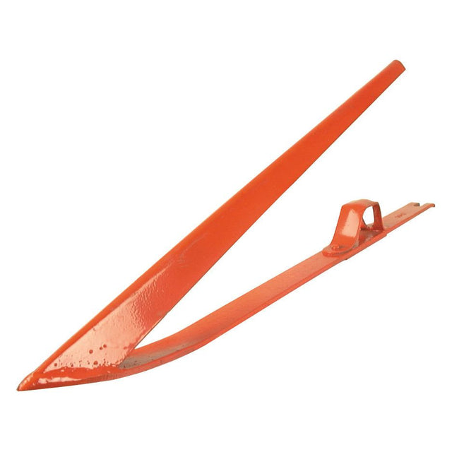 A Sparex Crop Lifter, compatible with Claas replacement parts (6102943 | Sparex Part No. S.77819), is a red, pointed metal tool featuring a broad, flat base and a handle bracket mounted on top, designed specifically for breaking ground in agricultural settings.