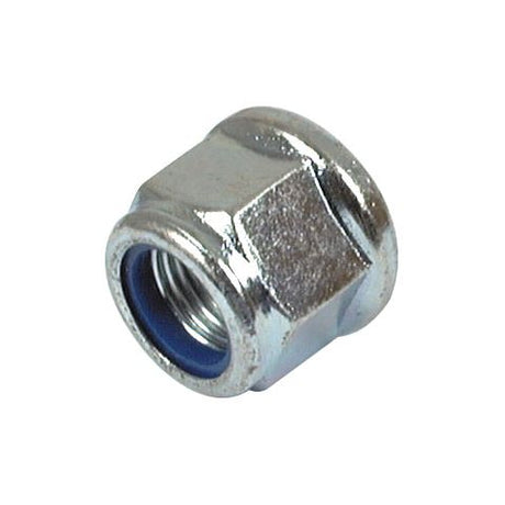 A Sparex Metric Flanged Nut, M14x1.50mm, featuring a blue nylon insert and conforming to DIN 6926 specifications (Sparex Part No. S.77848).