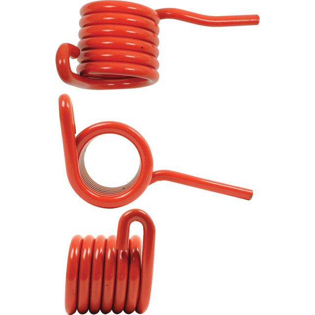 Three Tedder haytines, in a vibrant red hue, are displayed vertically against a white background. The haytines, comparable to Vicon CH300 models and available as Sparex Part No.S.77903, are showcased from various angles to emphasize their coiled design and extended arms.