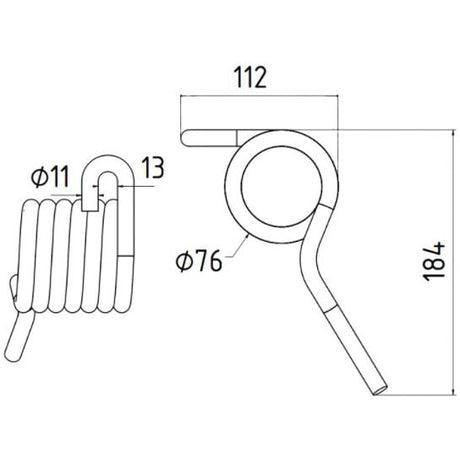 Diagram of a coiled component, Tedder haytine - RH from Sparex, showing dimensions: 184mm in height, 14mm in width, coil diameter of 76mm, inner tubing diameter of 11mm. Replacement for Vicon and Rivierre Casalis (90036183 | Sparex Part No.S.77903).