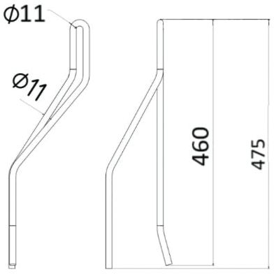 Technical drawing of a Sparex Tedder haytine - LH with a diameter of 11mm, shown in two views. One view highlights the bent structure, while the second view provides dimensions of 460mm in length and 137mm in width. This is a replacement part for Vicon model 99136240 (Sparex Part No.S.77908).